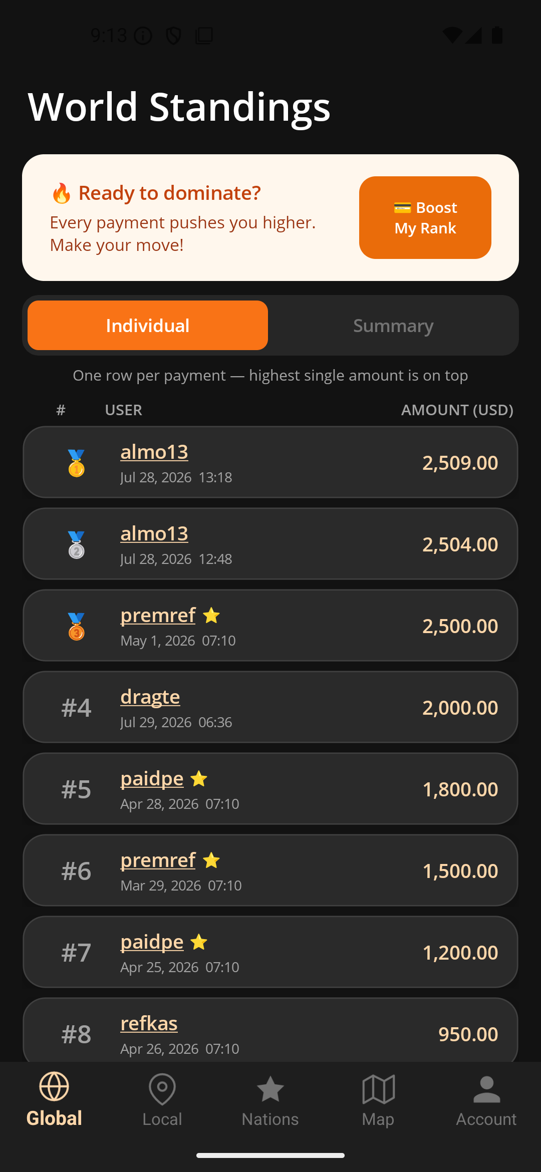 Money War app — World Standings leaderboard